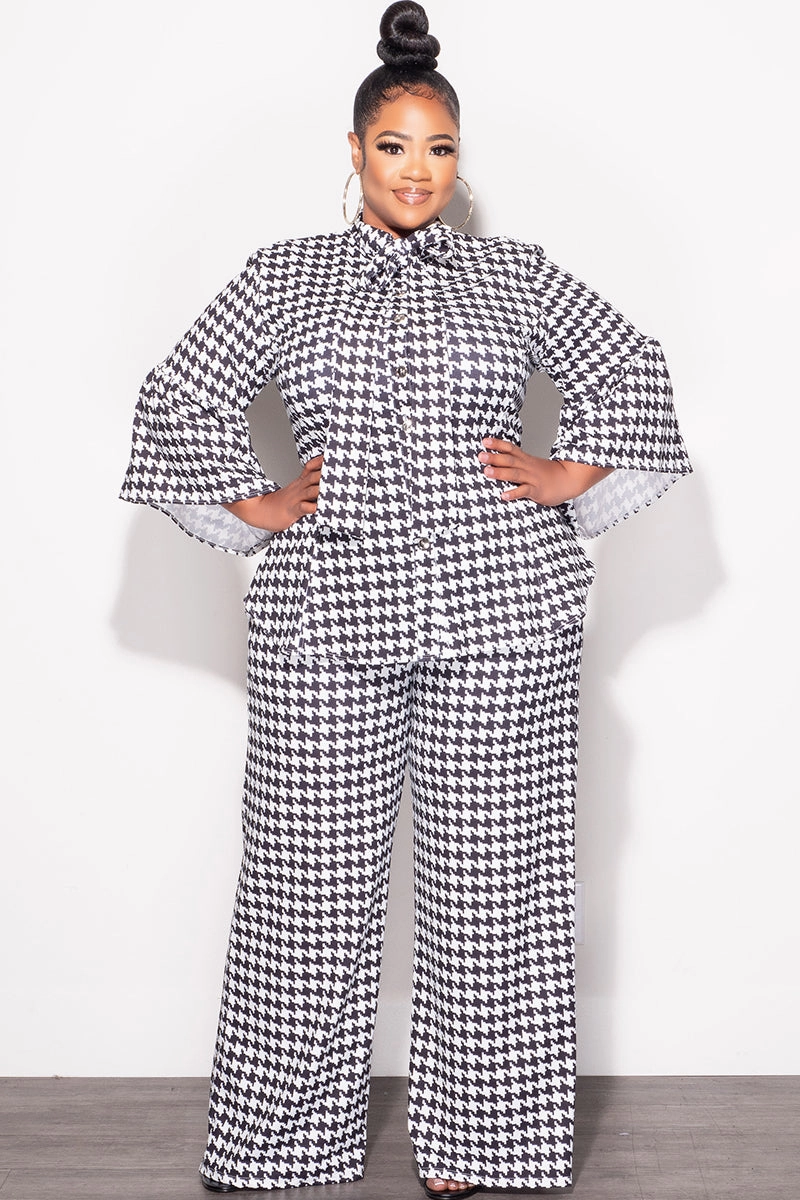 Final Sale Plus Size 2pc Button Up Neck Bow Tie Bell Sleeve Top and Flare Pants Set In Black and White Design Print Dynamic Fit
