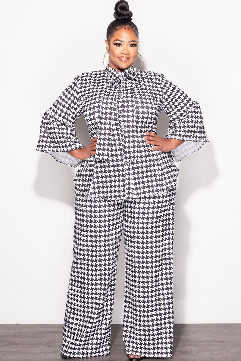 Soft and Light Final Sale Plus Size 2pc Button Up Neck Bow Tie Bell Sleeve Top and Flare Pants Set In Black and White Design Print