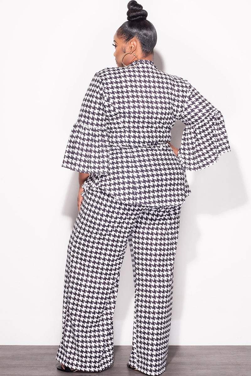 Final Sale Plus Size 2pc Button Up Neck Bow Tie Bell Sleeve Top and Flare Pants Set In Black and White Design Print Carbon Infused Fabric Flexible Fit