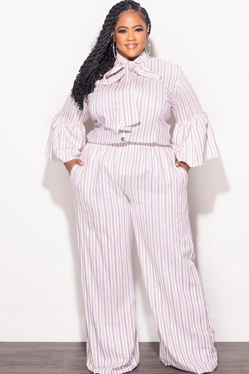 Sporty Vibe Functional Design Final Sale Plus Size 2pc Button Up Neck Bow Tie Bell Sleeve Top and Flare Pants Set In Multi Color Strip Print