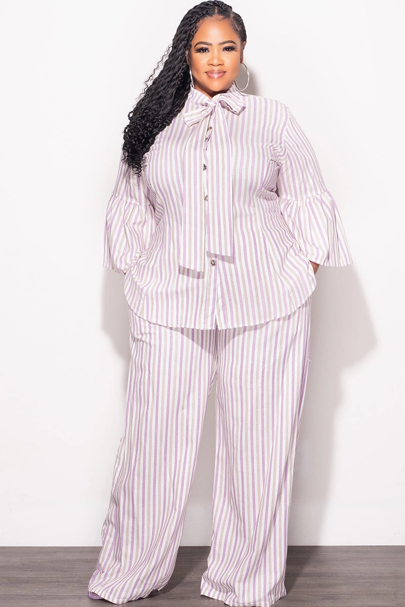 Final Sale Plus Size 2pc Button Up Neck Bow Tie Bell Sleeve Top and Flare Pants Set In Multi Color Strip Print Wardrobe Essential Everyday Comfort