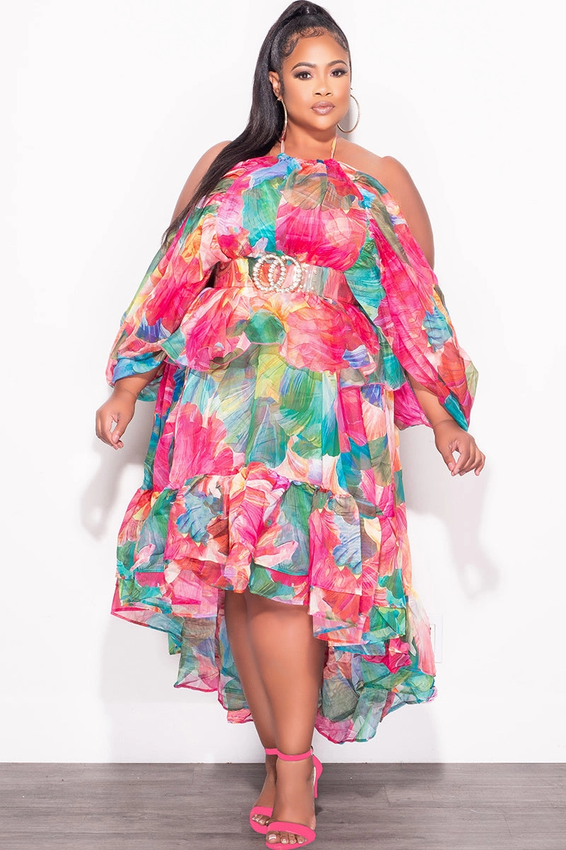 Final Sale Plus Size 2pc Chiffon Cold Shoulder 2pc Set with Ruffle Skirt Set in Fuchsia Print Quick Wash Flattering Shape