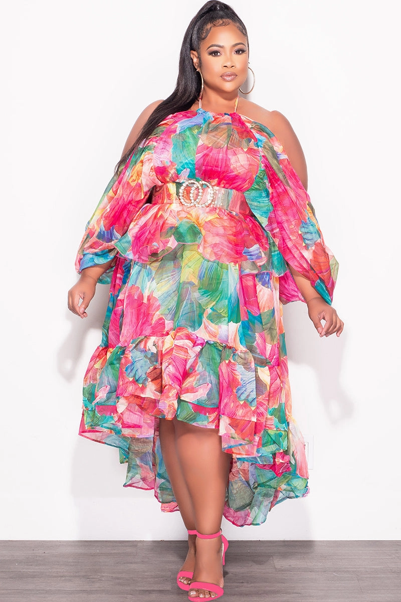 Chilly Layering Comfort Base Final Sale Plus Size 2pc Chiffon Cold Shoulder 2pc Set with Ruffle Skirt Set in Fuchsia Print