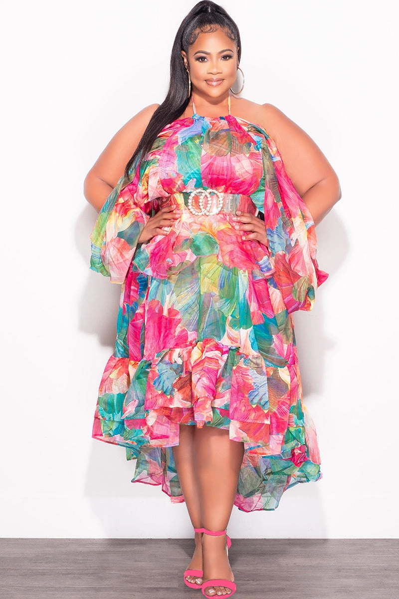 Final Sale Plus Size 2pc Chiffon Cold Shoulder 2pc Set with Ruffle Skirt Set in Fuchsia Print Sporty Comfort Fit