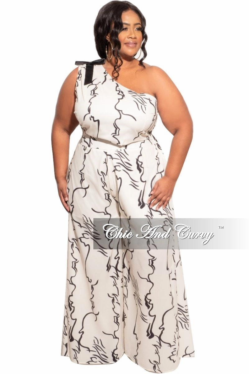 Seasonless wear Light Reflective Details Final Sale Plus Size 2pc Chiffon One Shoulder Top & Palazzo Pants in Ivory and Black Design