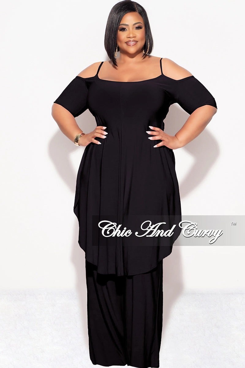 Final Sale Plus Size 2pc Cold Shoulder High Low Top and Wide Leg Pants in Black No Pinch Core Movement