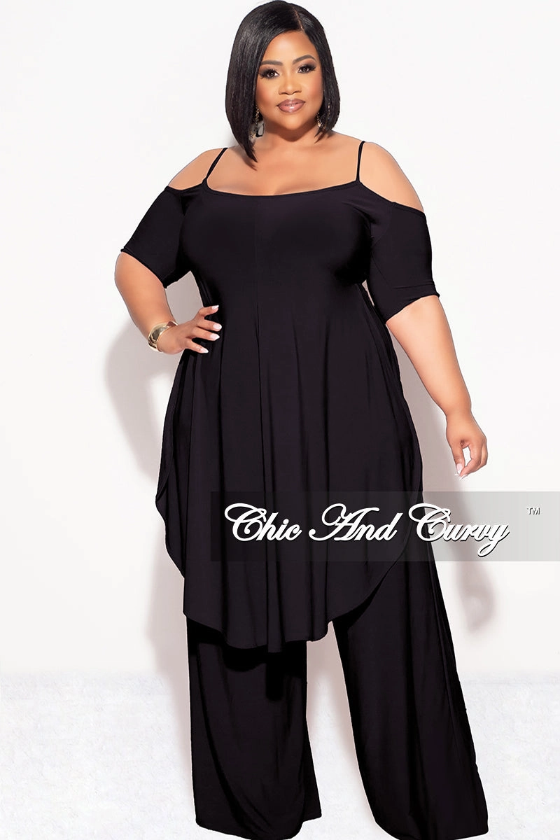 WrinkleFreeFabric Final Sale Plus Size 2pc Cold Shoulder High Low Top and Wide Leg Pants in Black