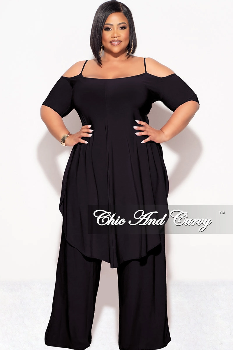 GussetedCrotch Final Sale Plus Size 2pc Cold Shoulder High Low Top and Wide Leg Pants in Black