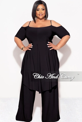 GussetedCrotch Final Sale Plus Size 2pc Cold Shoulder High Low Top and Wide Leg Pants in Black
