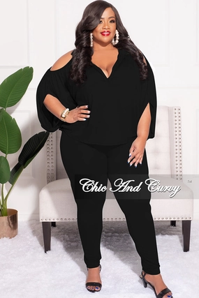 Final Sale Plus Size 2pc Cold Shoulder Shirt Top and Pants in Black Comfortable Stretch Gripper Waistband