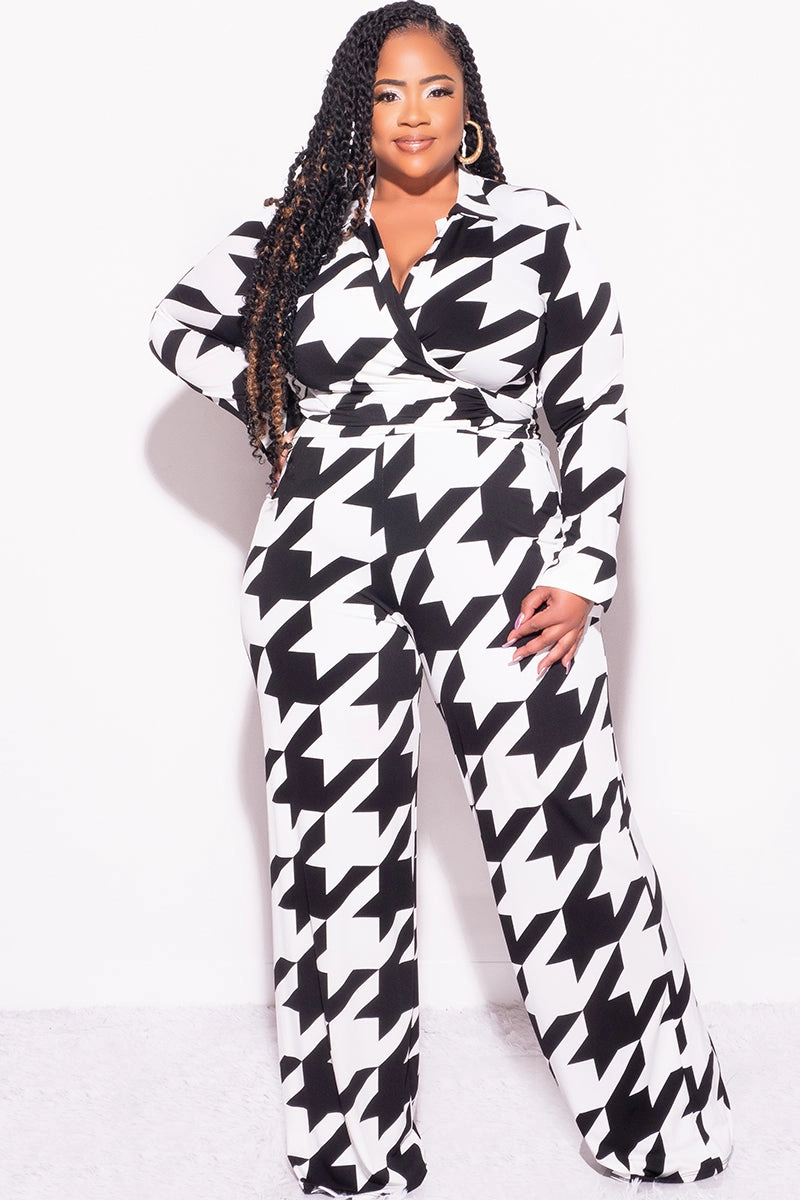 Mesh Panel Final Sale Plus Size 2pc Collar Crop Faux Wrap Tie Top and Pants Set in Black & Off White Houndstooth Print