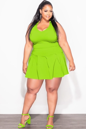 Final Sale Plus Size 2pc Collar Short Sleeve Crop Top and Pleated Skort Set in Apple Green Quick Motion Quick Comfort Design