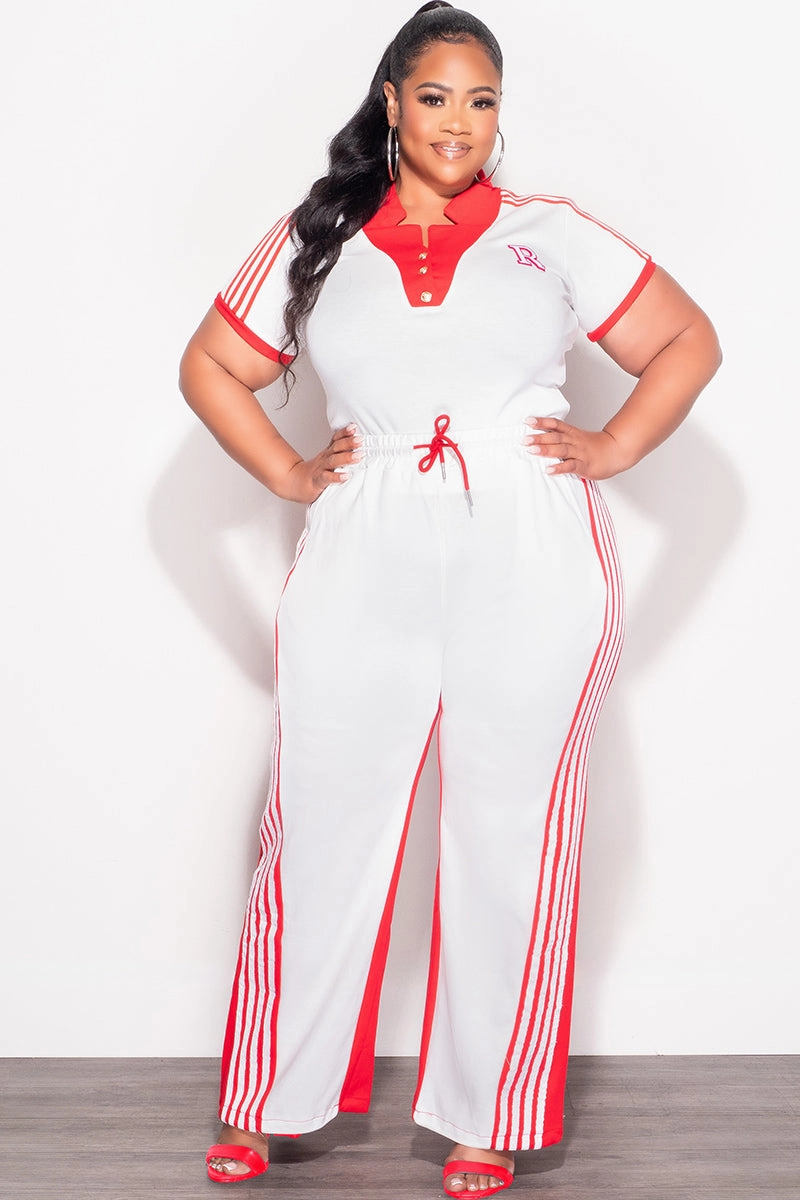 Perfect Look Easy Stretch Fit Final Sale Plus Size 2pc Color-Block Collar Crop Top and Pants Set in White and Red