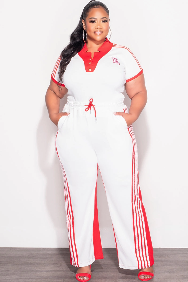 Final Sale Plus Size 2pc Color-Block Collar Crop Top and Pants Set in White and Red Smart Wear