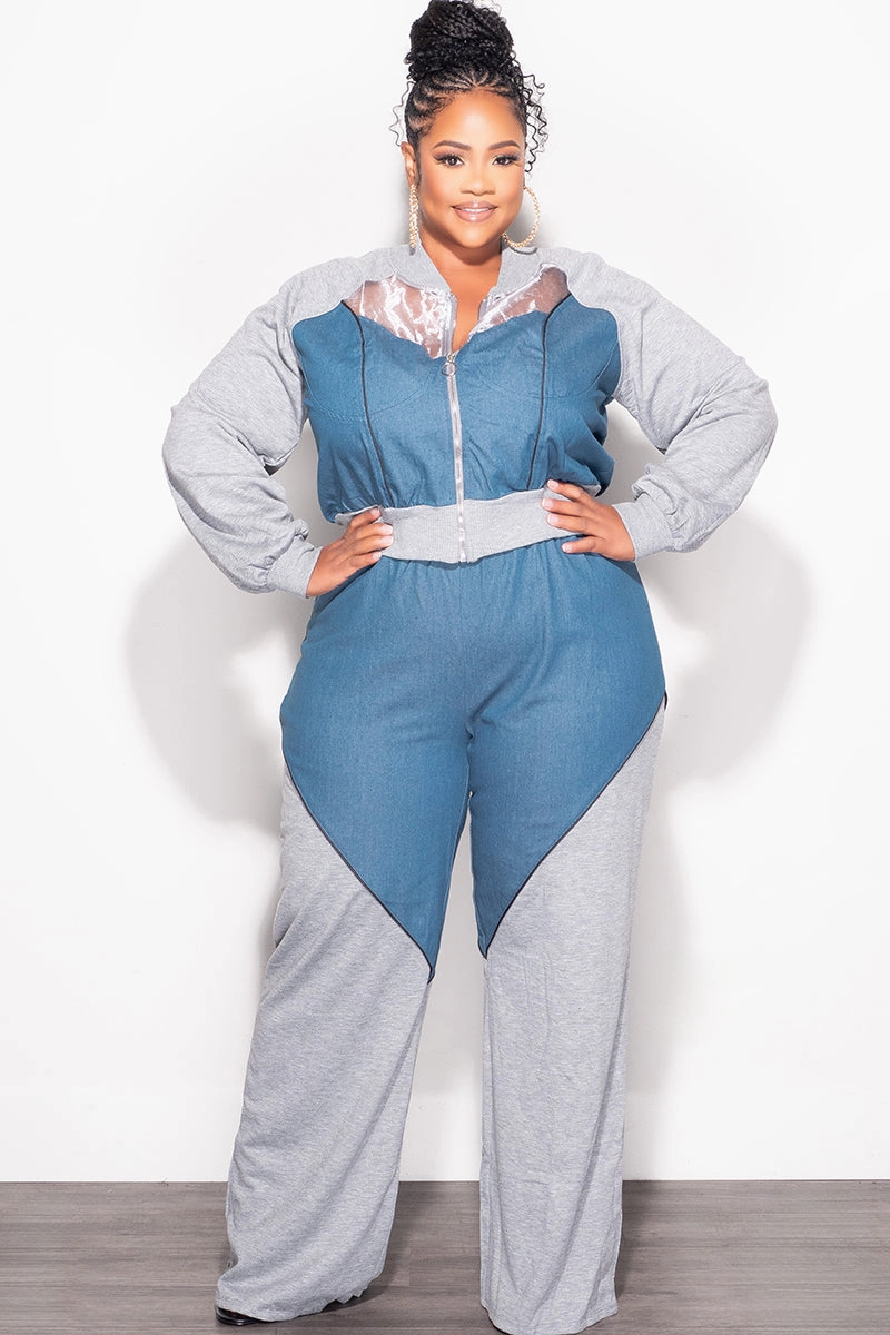 Final Sale Plus Size 2pc Colorblock Zip Up Top and Pants Set in Denim and Grey Quick Motion