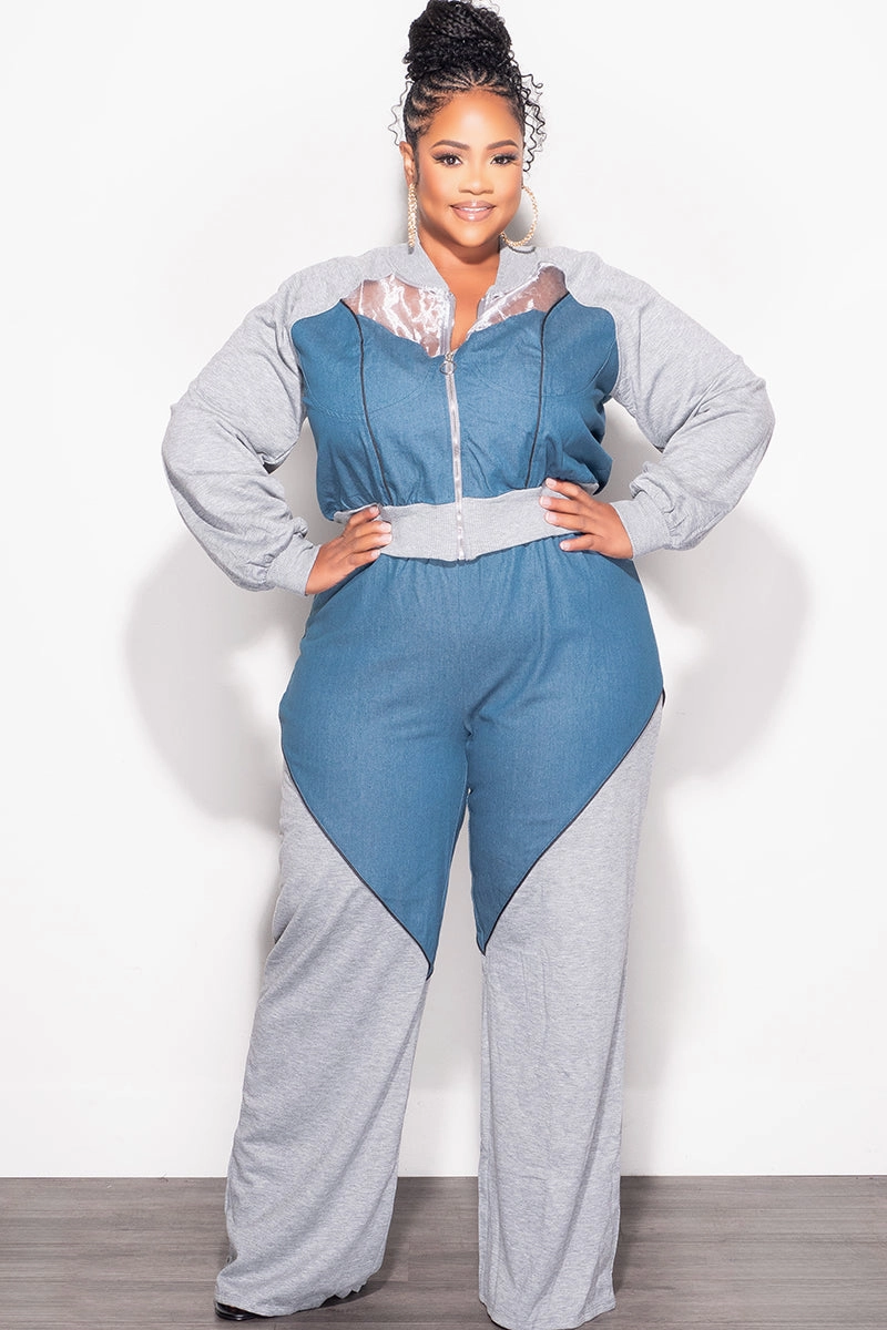 Final Sale Plus Size 2pc Colorblock Zip Up Top and Pants Set in Denim and Grey Non Binding Cuffs