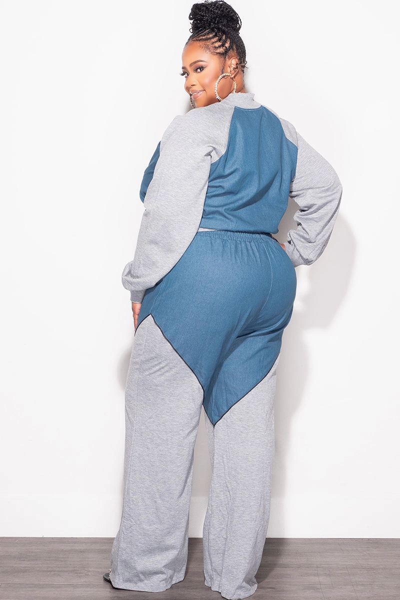Work Ready Eco Friendly Dye Final Sale Plus Size 2pc Colorblock Zip Up Top and Pants Set in Denim and Grey