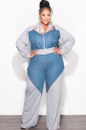 Final Sale Plus Size 2pc Colorblock Zip Up Top and Pants Set in Denim and Grey Non Binding Cuffs