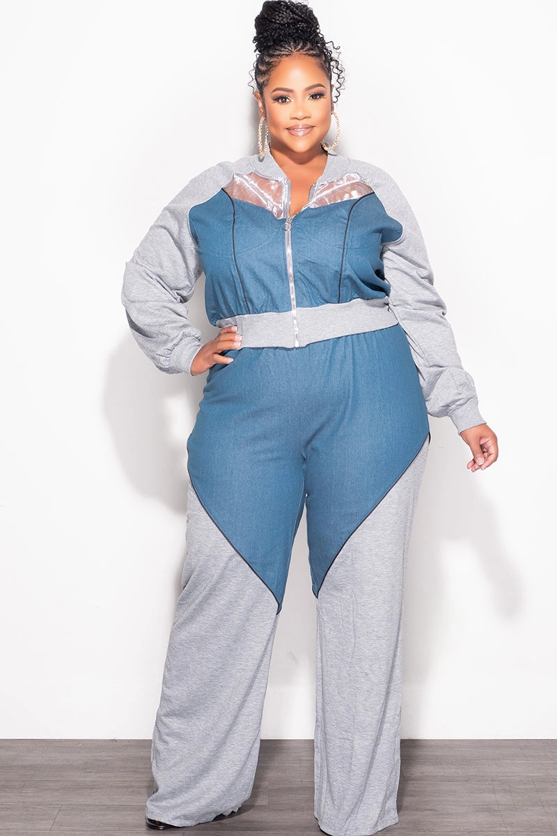 Final Sale Plus Size 2pc Colorblock Zip Up Top and Pants Set in Denim and Grey Stretch Panel High-rise waist