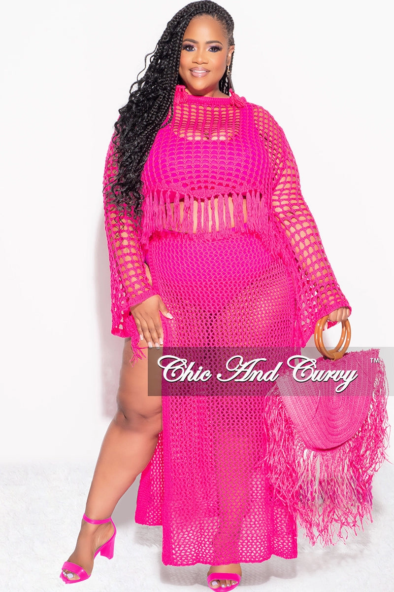 Final Sale Plus Size 2pc Crochet Set Knit Crop Top & Skirt in Fuchsia Fashionable Look Decorative stitching