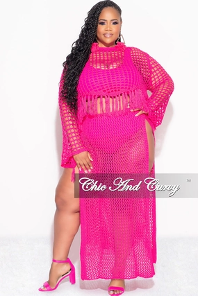 Final Sale Plus Size 2pc Crochet Set Knit Crop Top & Skirt in Fuchsia Stretch waistband Day Adventure