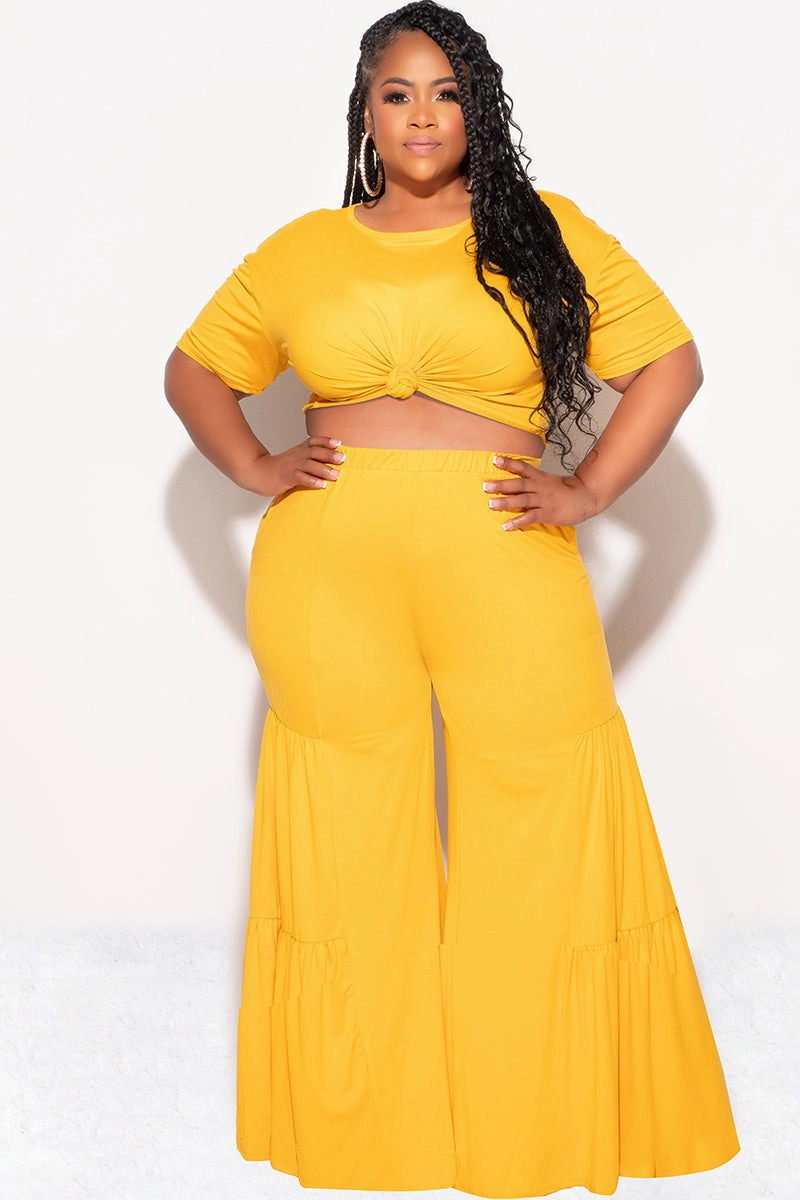 Comfortable Fashion Final Sale Plus Size 2pc Crop Tie Top and 3-Layer Pants Set in Mustard