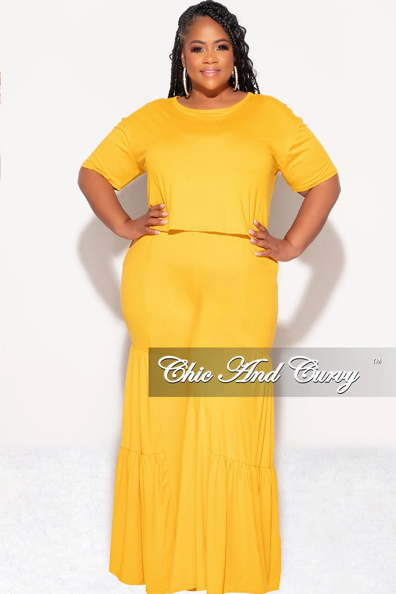 Final Sale Plus Size 2pc Crop Tie Top and 3-Layer Pants Set in Mustard Slim Fit Wear