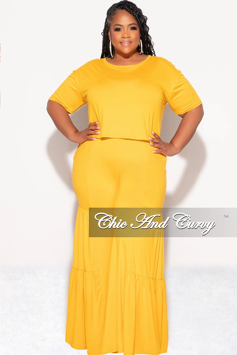 Final Sale Plus Size 2pc Crop Tie Top and 3-Layer Pants Set in Mustard Lightweight Design