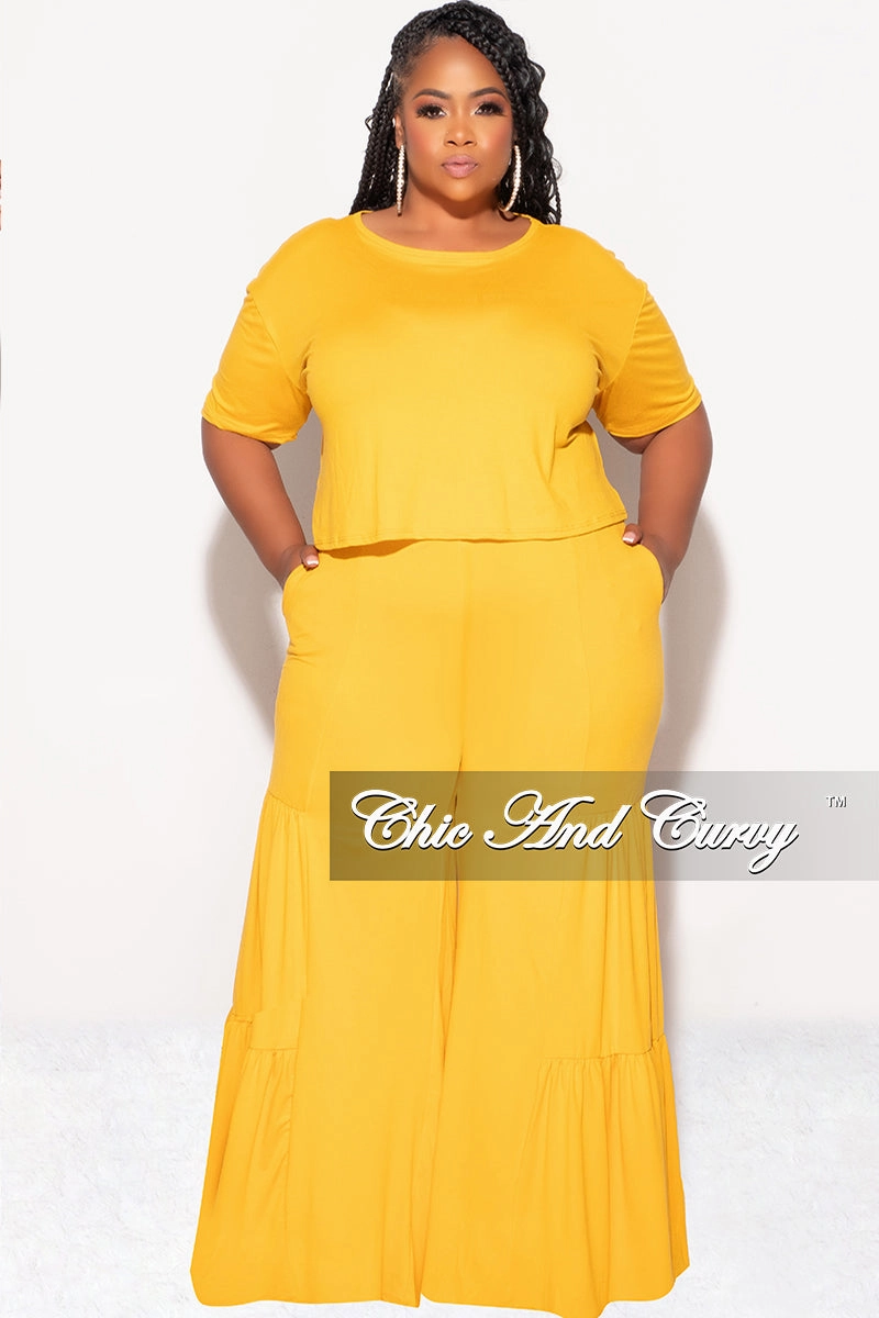 Final Sale Plus Size 2pc Crop Tie Top and 3-Layer Pants Set in Mustard Premium Quality