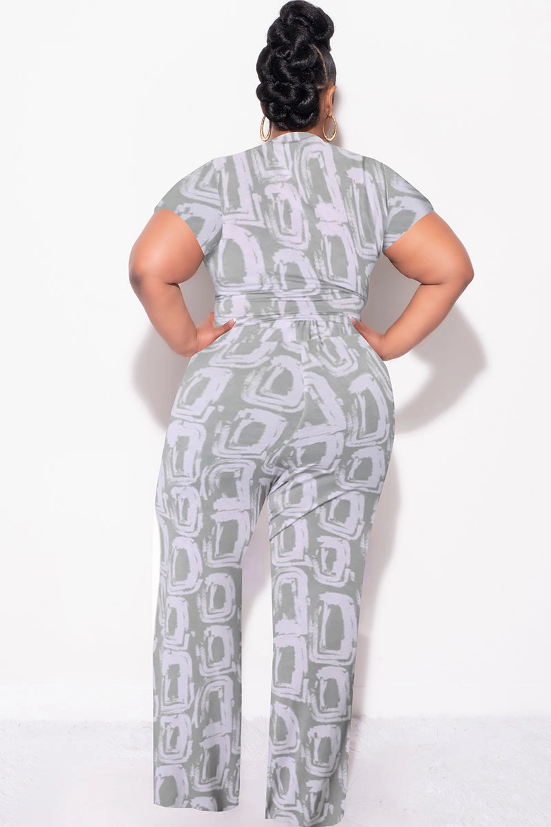 Quick Comfort Fit Tear Resistant Design Final Sale Plus Size 2pc Crop Tie Top and Pants Set in Grey & Pink