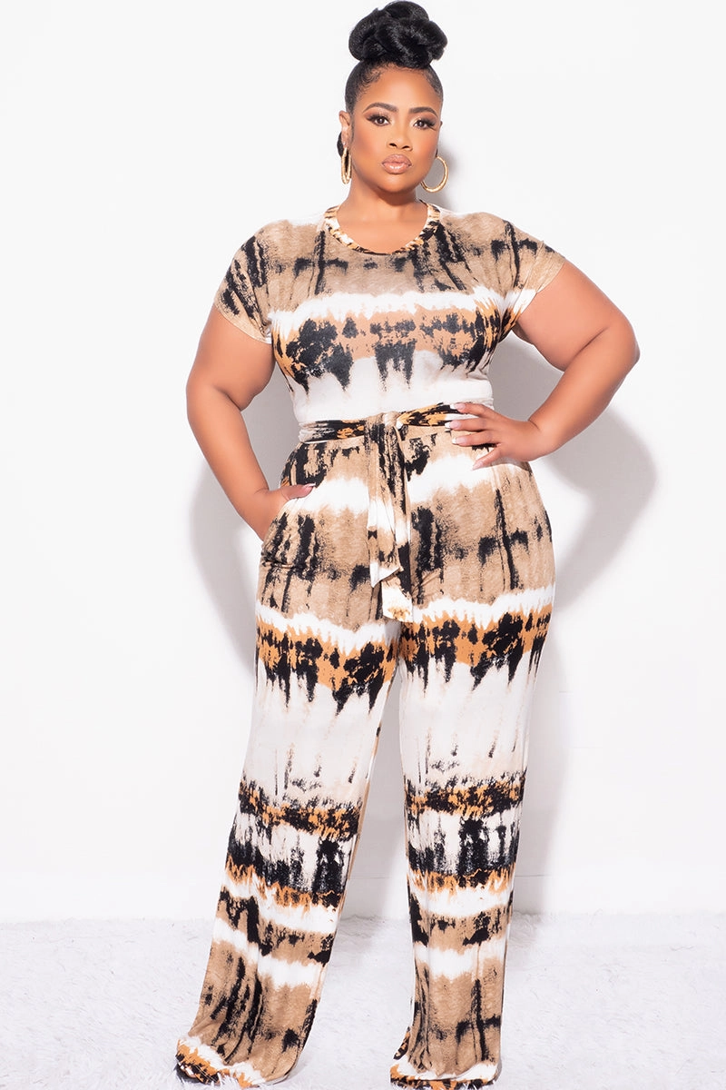 Final Sale Plus Size 2pc Crop Tie Top and Pants Set in Ivory, Tan, Mustard and Black Fashionable Look Dynamic Flex Panels