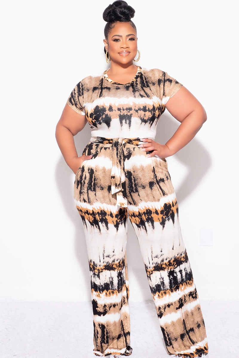 Final Sale Plus Size 2pc Crop Tie Top and Pants Set in Ivory, Tan, Mustard and Black Sport Friendly