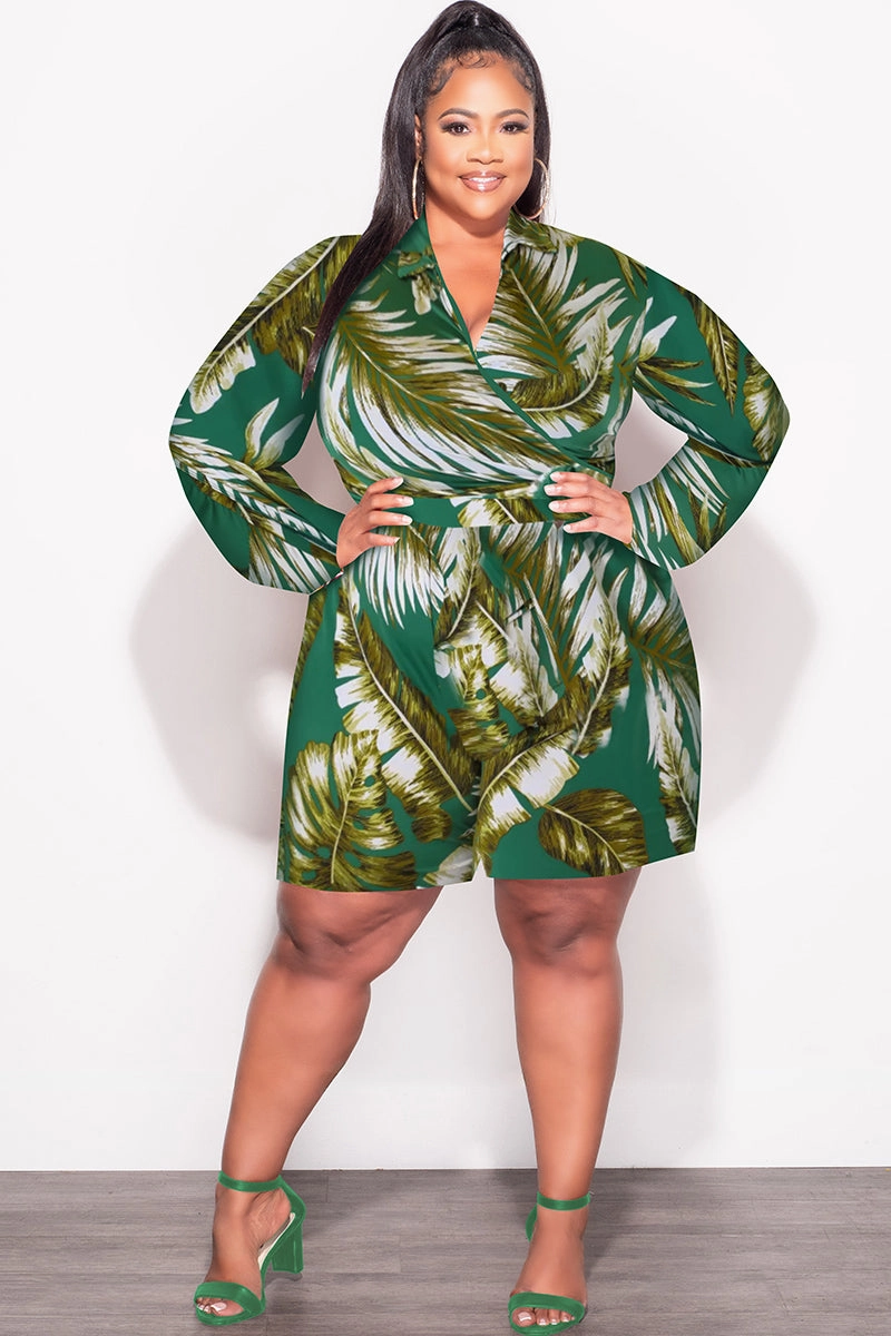 Stretchy Waist Final Sale Plus Size 2pc Crop Top & Bermuda Short Set in Green & Olive Palm Print