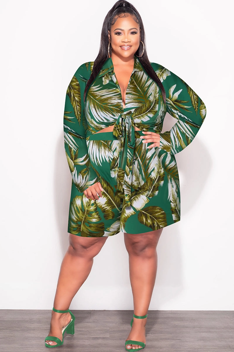 Final Sale Plus Size 2pc Crop Top & Bermuda Short Set in Green & Olive Palm Print Eco Dye Process