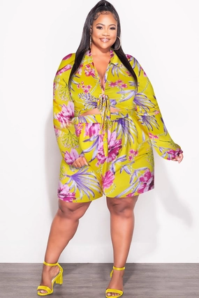 Final Sale Plus Size 2pc Crop Top & Bermuda Short Set in Yellow Floral Print Smart Casual