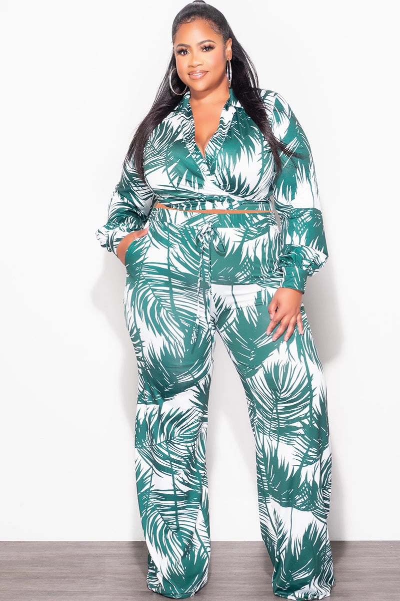 Final Sale Plus Size 2pc Crop Top & Palazzo Pant Set in Green Palm Print NonChafingEdges