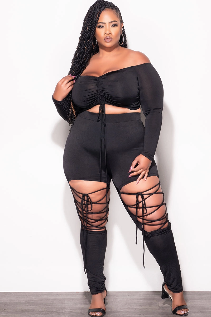 Anti Snag Fabric Final Sale Plus Size 2pc Crop Top and Lace Up Pants Set in Black