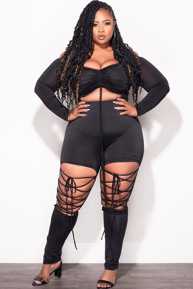Final Sale Plus Size 2pc Crop Top and Lace Up Pants Set in Black Metallic accents NonIrritatingStitching