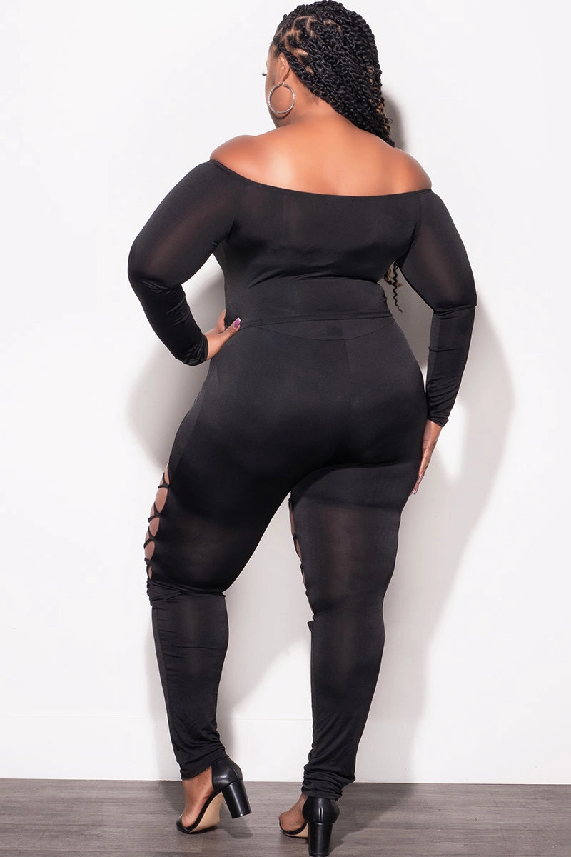 Travel Friendly Soft Touch Final Sale Plus Size 2pc Crop Top and Lace Up Pants Set in Black