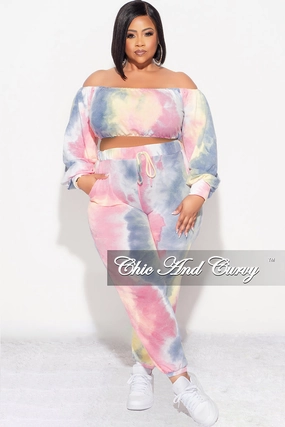 Light Fit Wear Trendy Cut Final Sale Plus Size 2pc Crop Top and Pants Set in Pastel Rainbow