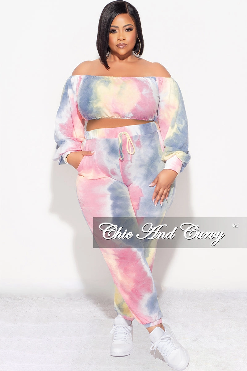 Light Fit Wear Trendy Cut Final Sale Plus Size 2pc Crop Top and Pants Set in Pastel Rainbow