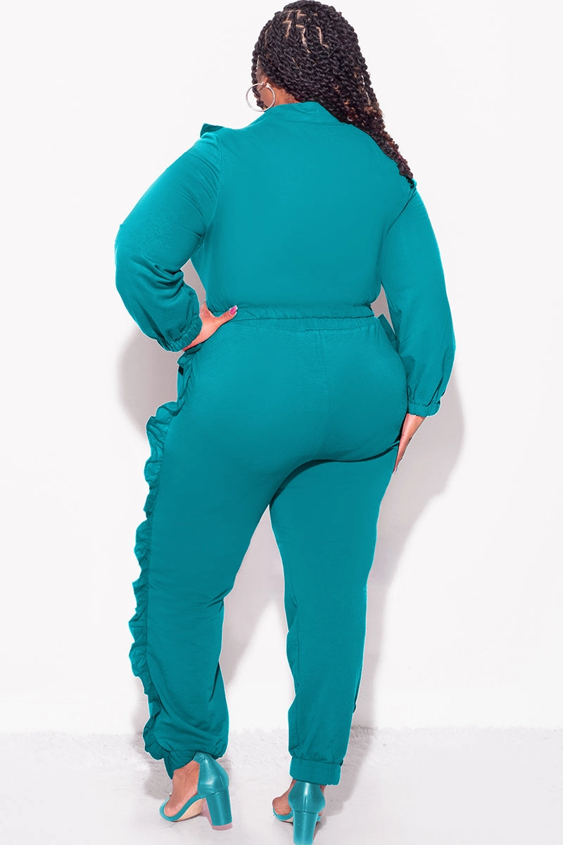 Comfy Vibes Comfy Movement Final Sale Plus Size 2pc Crop Top and Ruffle Pants Set in Teal