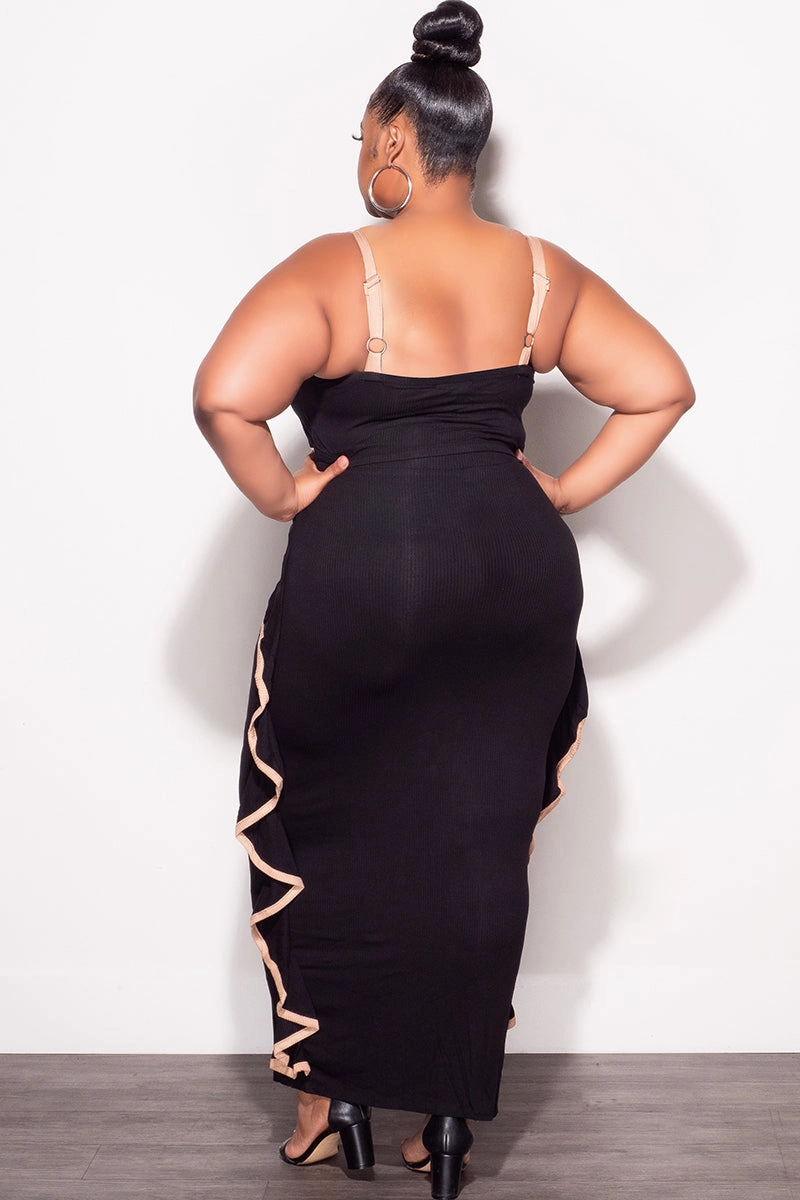 Final Sale Plus Size 2pc Crop Top and Ruffle Skirt Set in Black and Mocha Smart Motion