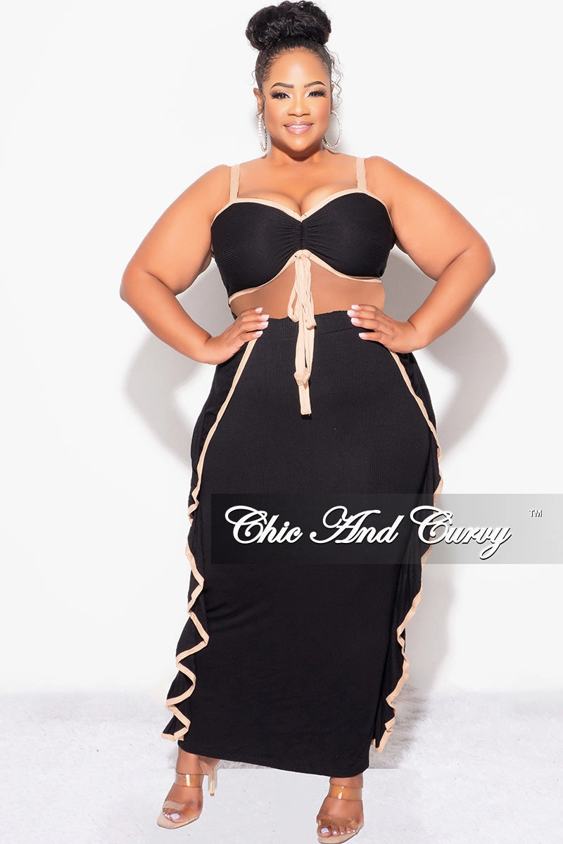 Final Sale Plus Size 2pc Crop Top and Ruffle Skirt Set in Black and Mocha Water Repellent Coating