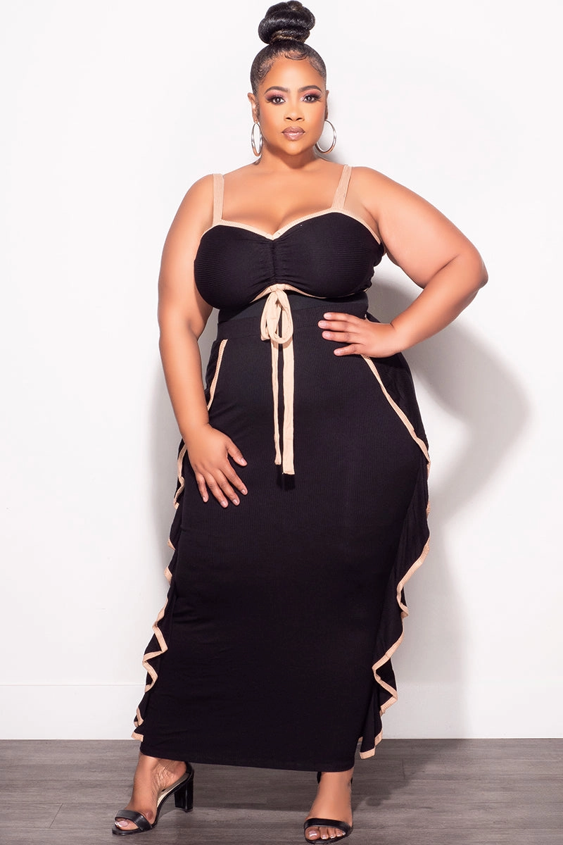 Final Sale Plus Size 2pc Crop Top and Ruffle Skirt Set in Black and Mocha FlexFoamPadding ReinforcedKnees