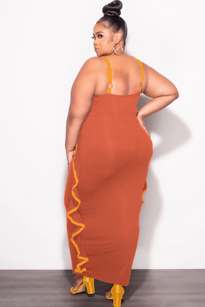 HiddenPockets Final Sale Plus Size 2pc Crop Top and Ruffle Skirt Set in Rust and Mustard
