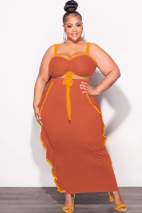 Final Sale Plus Size 2pc Crop Top and Ruffle Skirt Set in Rust and Mustard Quick Move