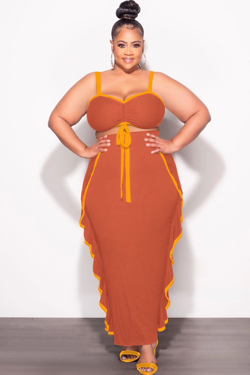 Final Sale Plus Size 2pc Crop Top and Ruffle Skirt Set in Rust and Mustard DurableBartack