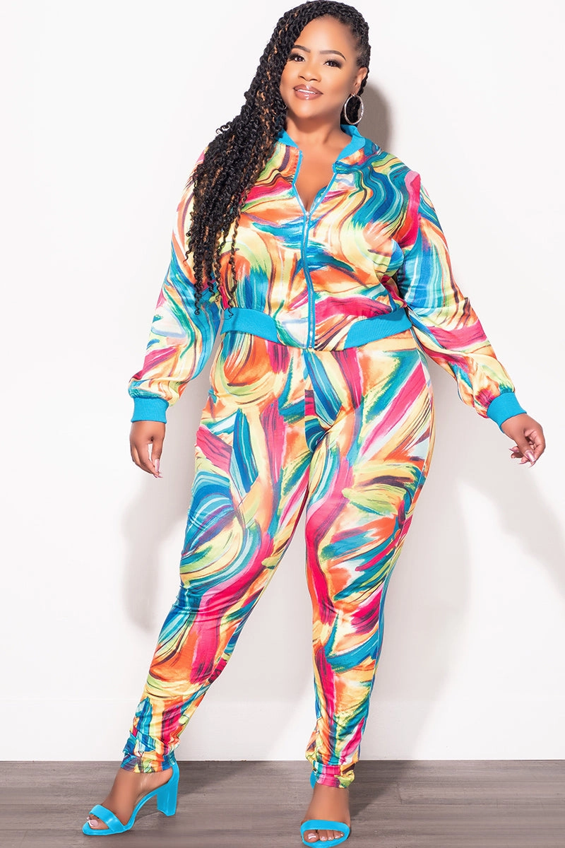 Final Sale Plus Size 2pc Cropped Satin Zip-Up Jacket and Pants Set in Multi Color Swirl Print Breathable mesh design Chic Vibe