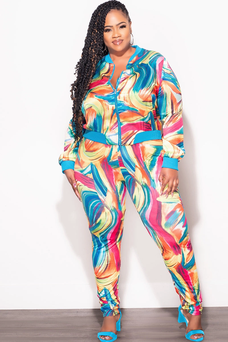 Movement Ready Fit Final Sale Plus Size 2pc Cropped Satin Zip-Up Jacket and Pants Set in Multi Color Swirl Print